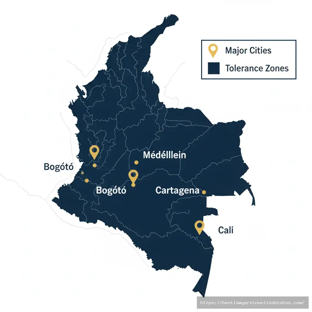Map of Colombia showing major cities and designated tolerance zones highlighted in brand colors.