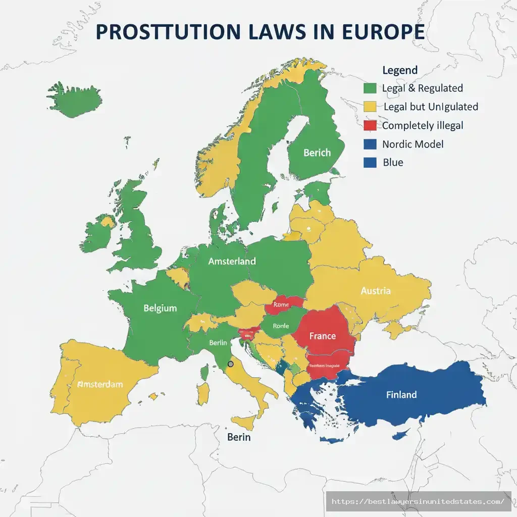 Map of Europe highlighting prostitution legality differences by country in 2025.