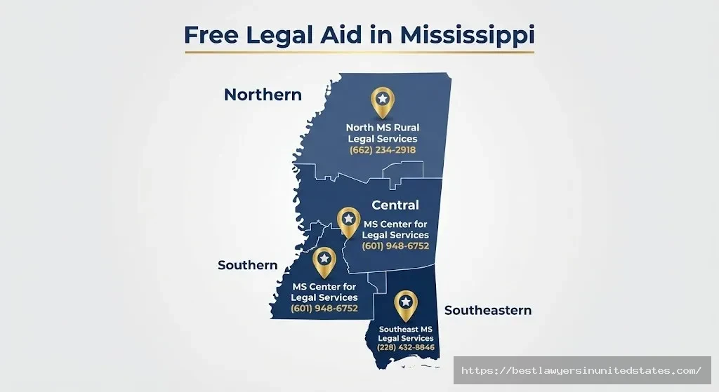 Map of Mississippi showing free legal aid organization locations and contact information for low-income divorce assistance