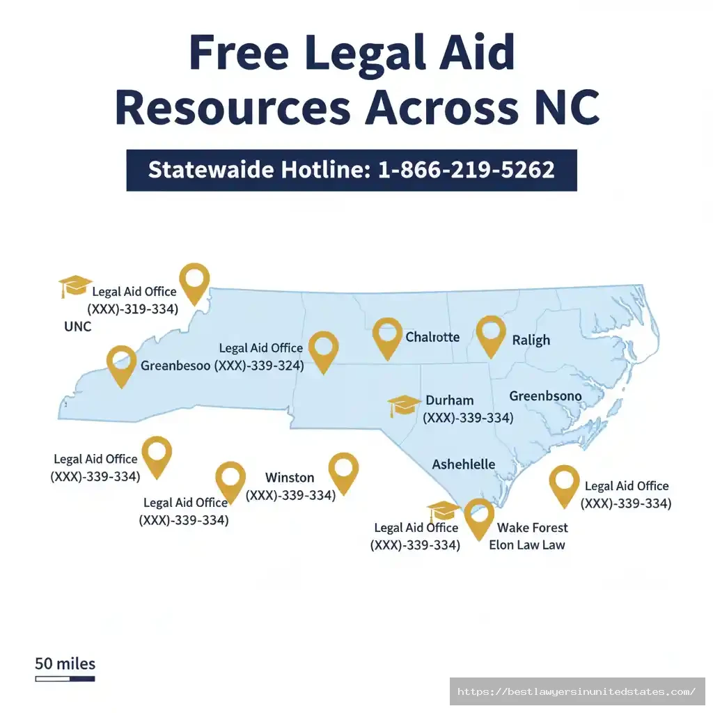 Map of North Carolina showing Legal Aid offices and law school clinics in Charlotte, Raleigh, Durham, Greensboro, Winston-Salem, Asheville, and Wilmington with contact information