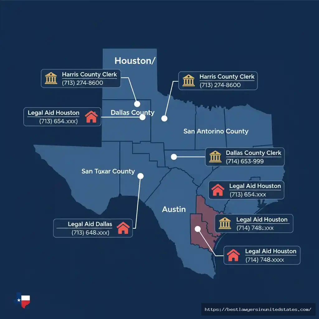 Map of Texas showing county clerk office locations and legal aid resources in Houston, Dallas, San Antonio, and Austin