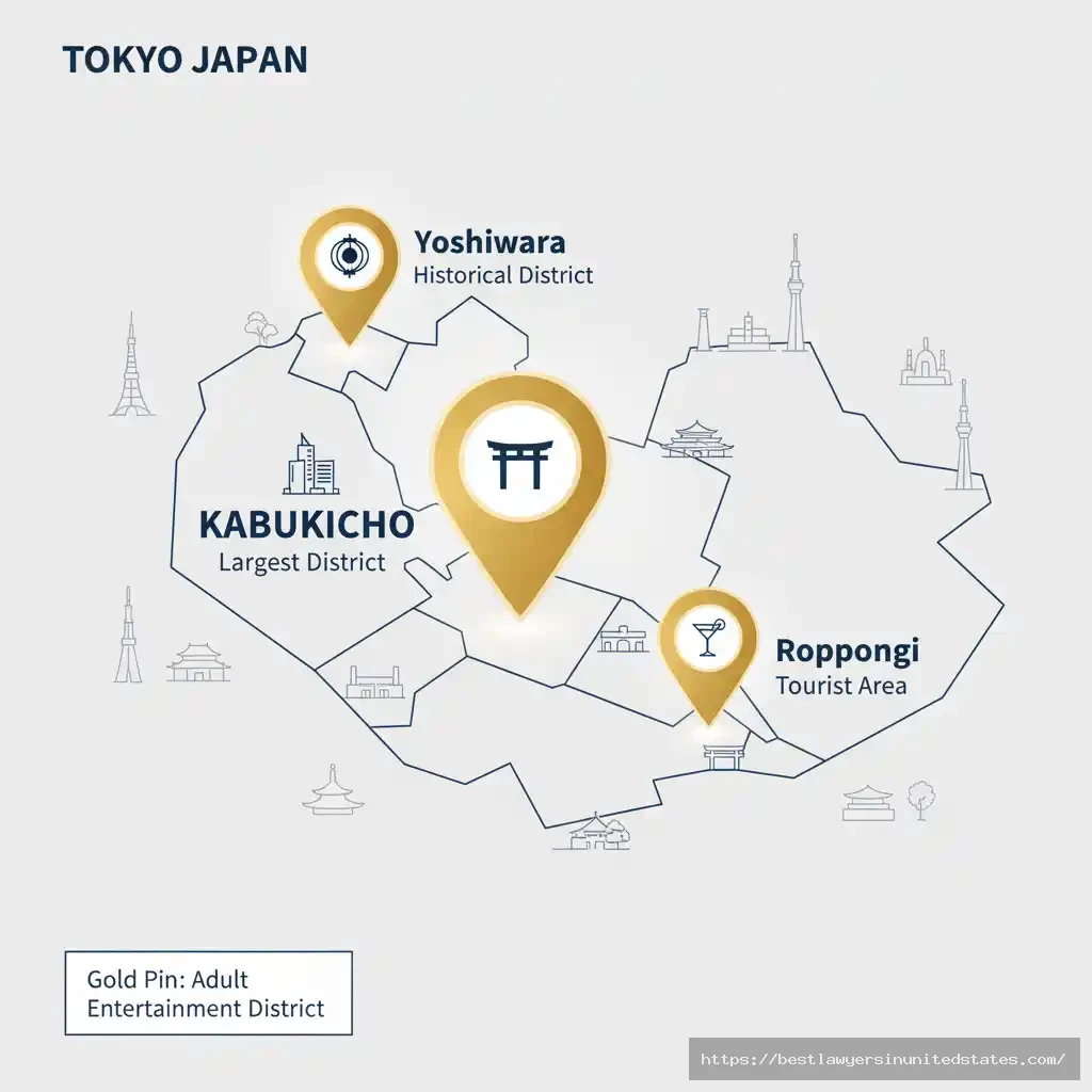Map of Tokyo red light districts including Kabukicho Yoshiwara and Roppongi locations
