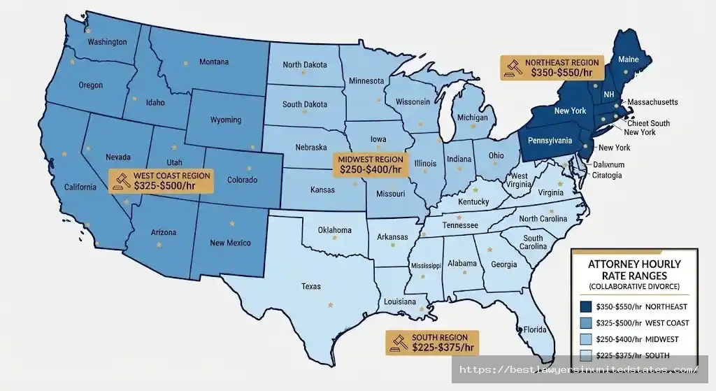 Map of United States showing collaborative divorce attorney hourly rates by region from $225 to $550 per hour