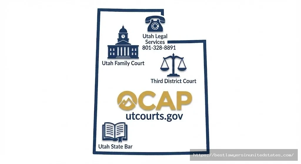 Map of Utah showing locations of key divorce resources including Family Court, Legal Services, State Bar, and OCAP online assistance program