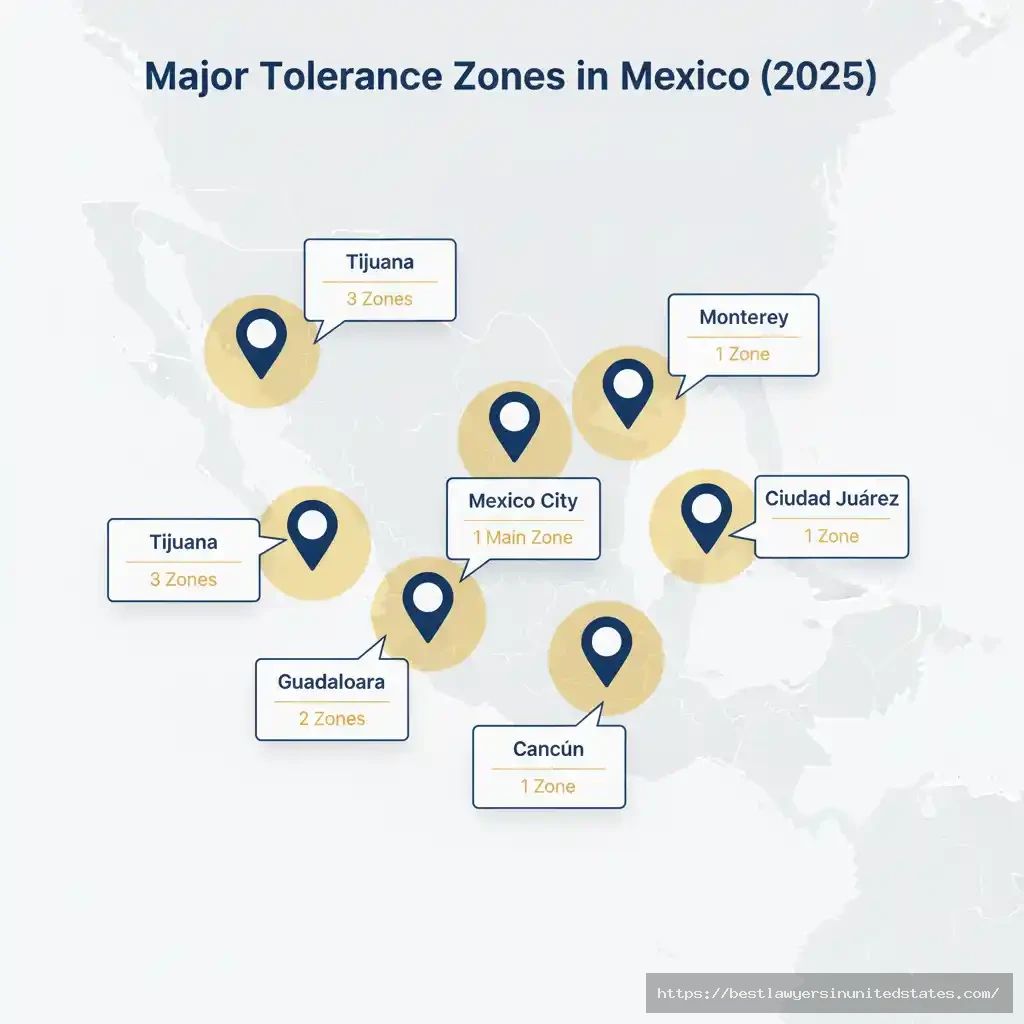 Map showing location of tolerance zones in six major Mexican cities