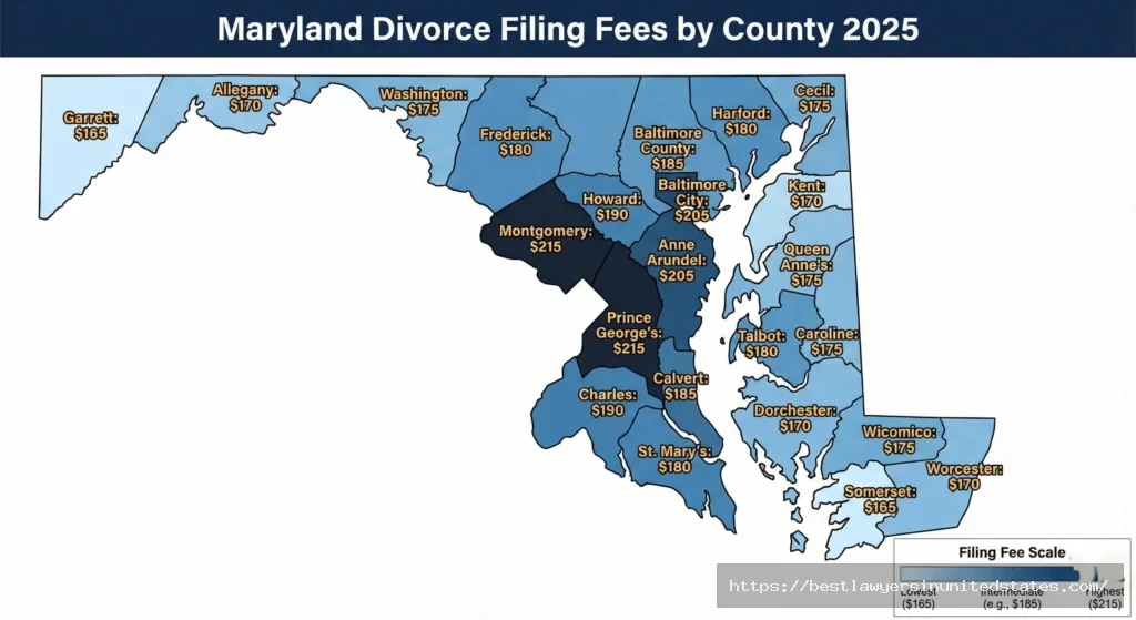 Maryland county divorce filing fees map 2025 showing costs ranging from $165 in Harford and Cecil counties to $215 in Prince George's County with color-coded visualization