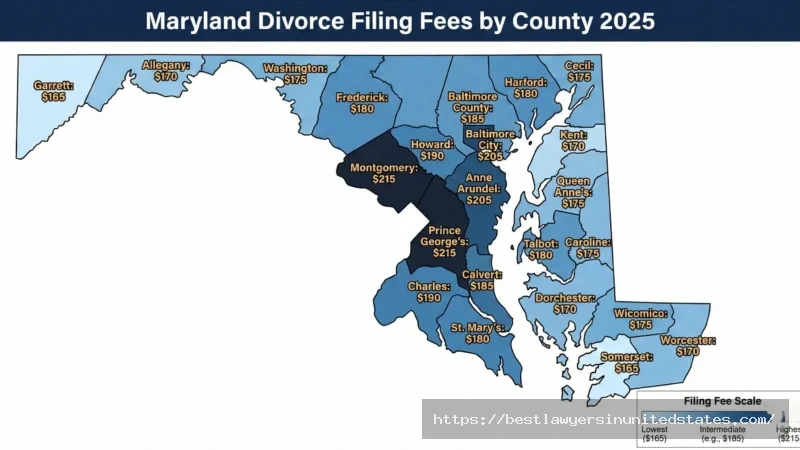 Maryland county divorce filing fees map 2025 showing costs ranging from $165 in Harford and Cecil counties to $215 in Prince George's County with color-coded visualization