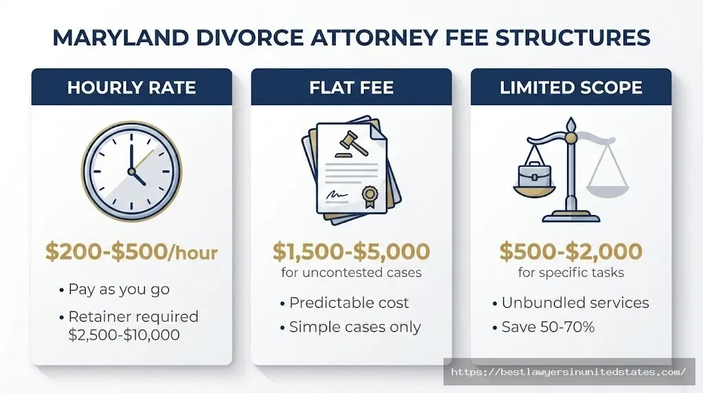 Maryland divorce attorney fee structures comparison showing hourly rates at $200-500 per hour, flat fees at $1,500-5,000 for uncontested cases, and limited scope representation at $500-2,000