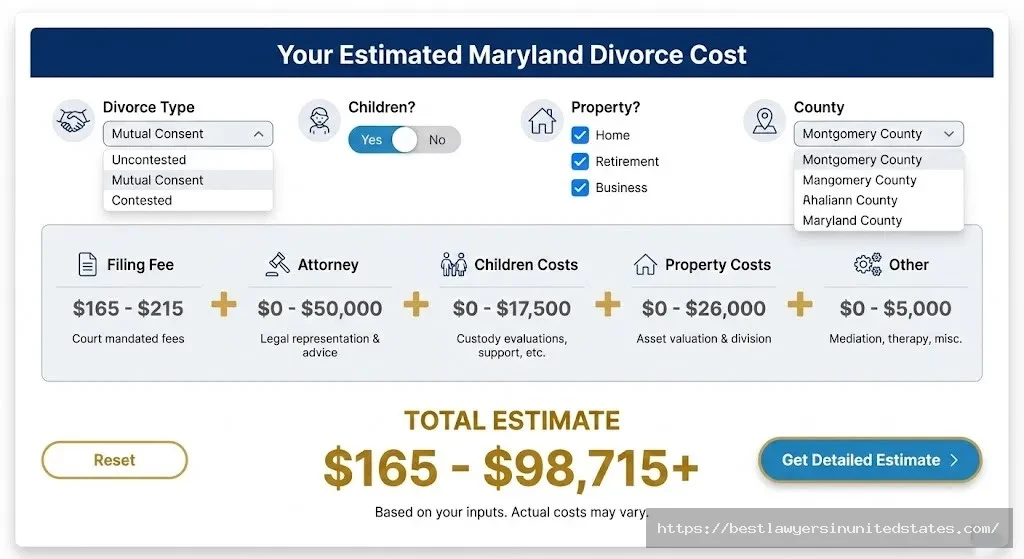 Maryland divorce cost calculator interface showing input fields for divorce type, children, property