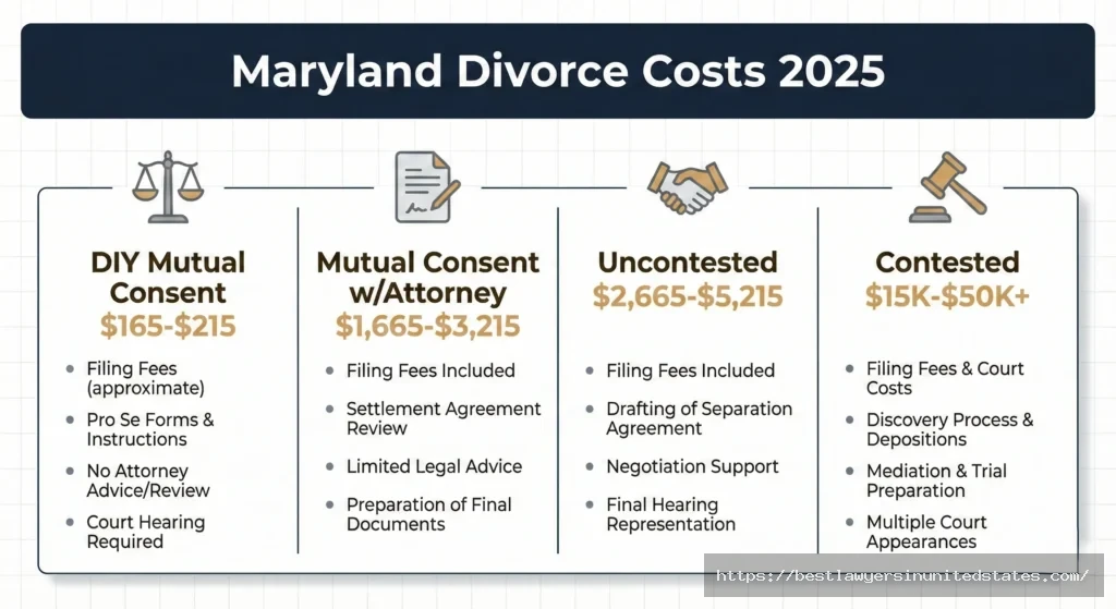 Maryland divorce cost comparison 2025 showing DIY mutual consent at $165-215, attorney-assisted mutual consent at $1,665-3,215, uncontested at $2,665-5,215, and contested at $15,000-50,000 plus