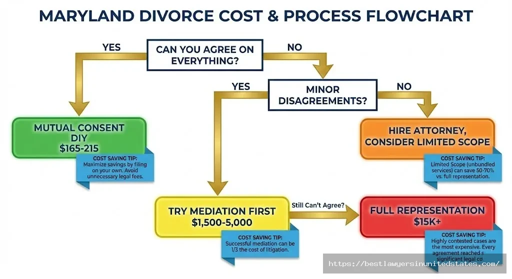 Maryland divorce cost reduction decision flowchart showing path from mutual consent DIY
