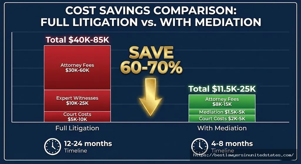Maryland divorce mediation savings chart showing full litigation costs $40,000-85,000 versus mediation costs $11,500-25,000, demonstrating 60-70 percent savings and faster 4-8 month timeline