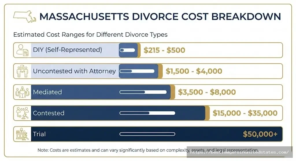Massachusetts divorce cost comparison chart showing prices from $215 DIY to $150,000+ trial divorce in 2026