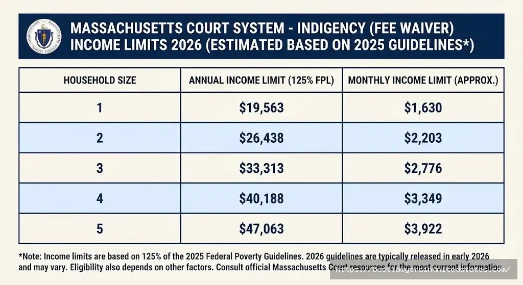 Massachusetts divorce fee waiver income eligibility table showing limits from $17,655 for individuals to $42,435 for families of 5