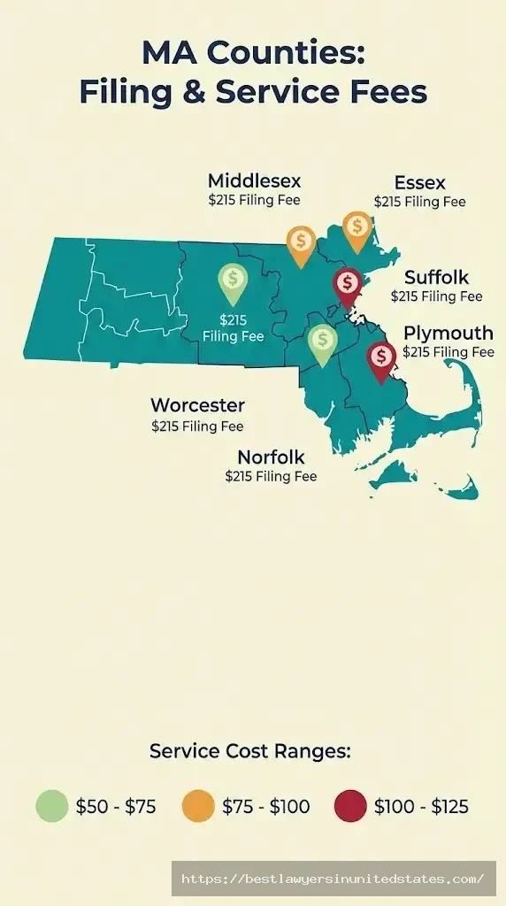 Massachusetts divorce filing fees by county map showing $215 statewide fee plus varying service costs