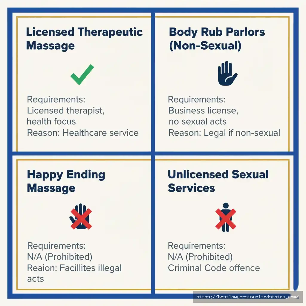 Matrix showing legality of therapeutic massage, body rub parlors, and sexual services in Canada.