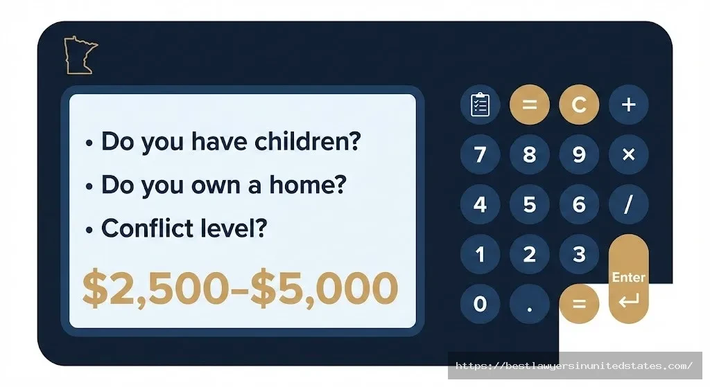 Minnesota divorce cost calculator interface showing questions about children, home ownership, and conflict level to estimate divorce expenses