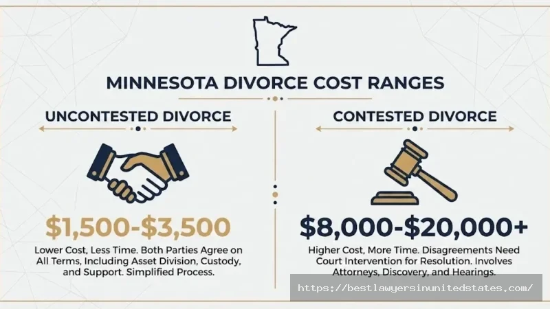 Minnesota divorce cost comparison showing uncontested divorce costs $1,500-$3,500 versus contested divorce costs $8,000-$20,000 or more