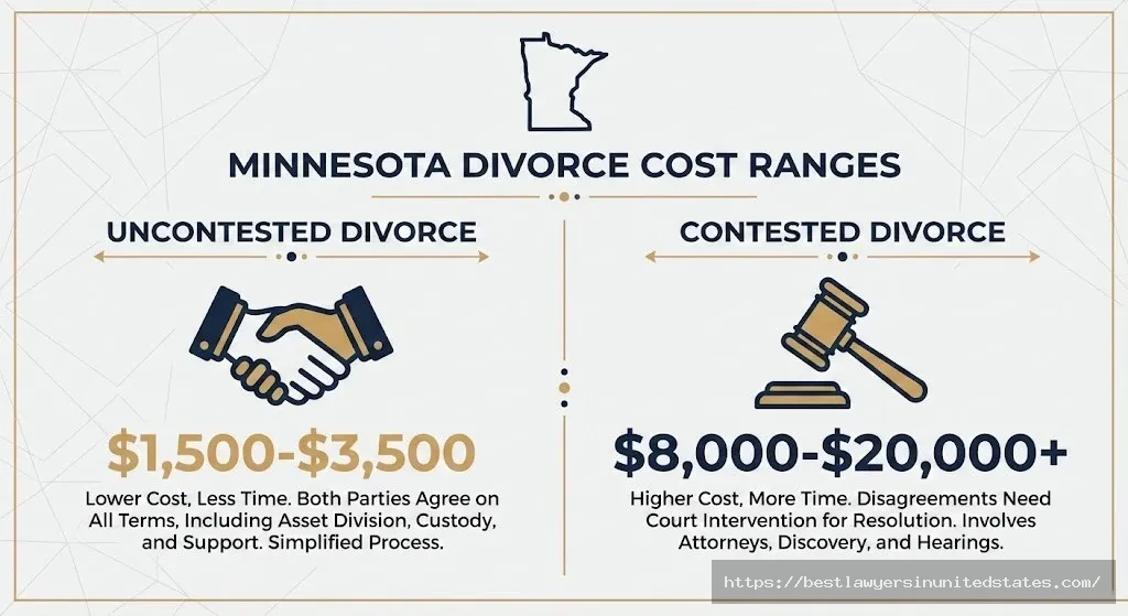 Minnesota divorce cost comparison showing uncontested divorce costs $1,500-$3,500 versus contested divorce costs $8,000-$20,000 or more
