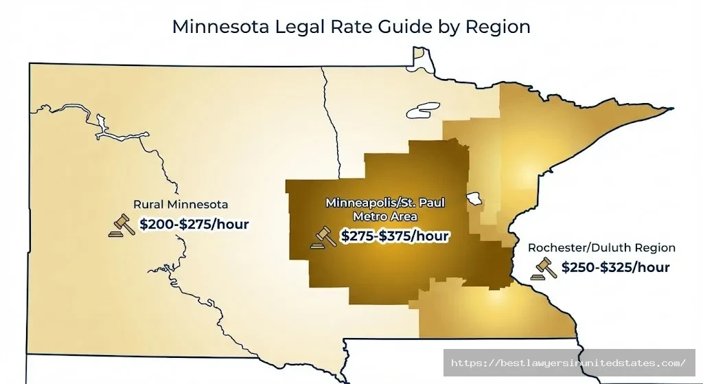 Minnesota map showing divorce attorney hourly rates by region - Twin Cities metro $275-$375, Rochester and Duluth $250-$325, rural areas $200-$275 per hour
