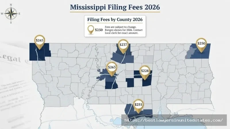 Mississippi divorce filing fees by county map 2026 showing costs from $150 to $300 across major counties including Hinds, DeSoto, and Harrison