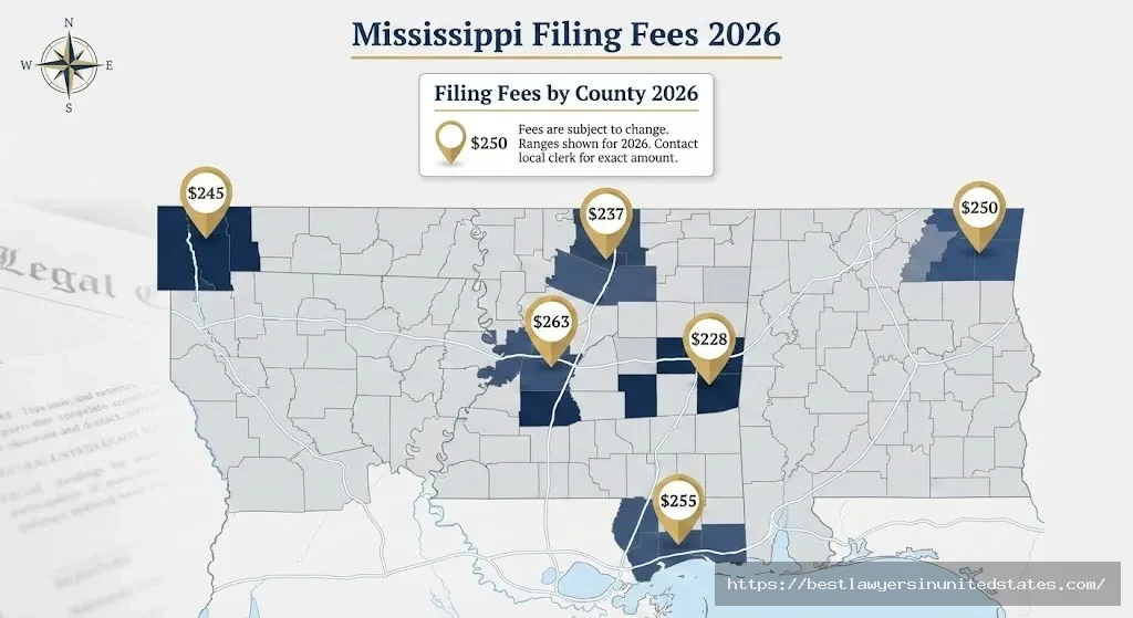 Mississippi divorce filing fees by county map 2026 showing costs from $150 to $300 across major counties including Hinds, DeSoto, and Harrison