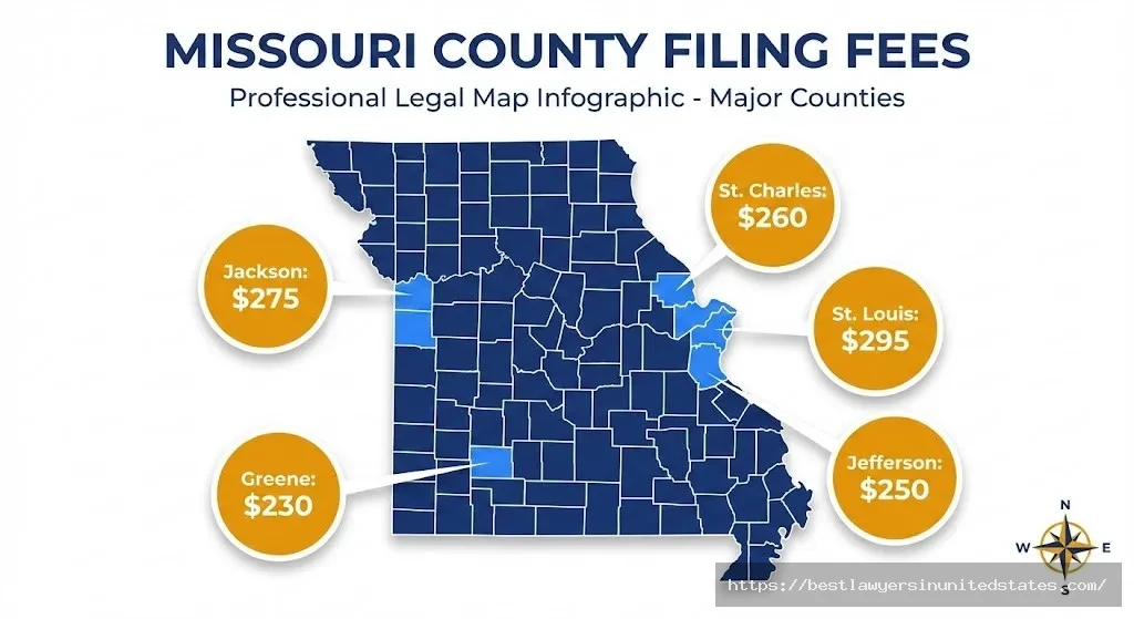 Missouri county divorce filing fees map showing costs by location in 2026