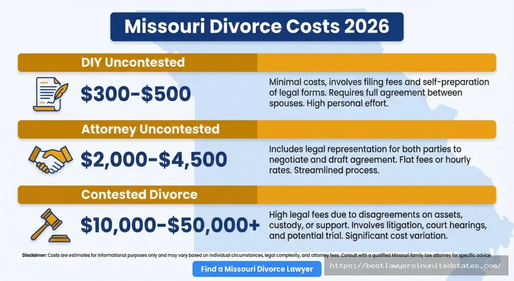 Missouri divorce cost ranges 2026 infographic showing DIY, uncontested, and contested divorce prices