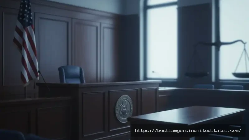 Modern U.S. courtroom representing American prostitution laws and justice system