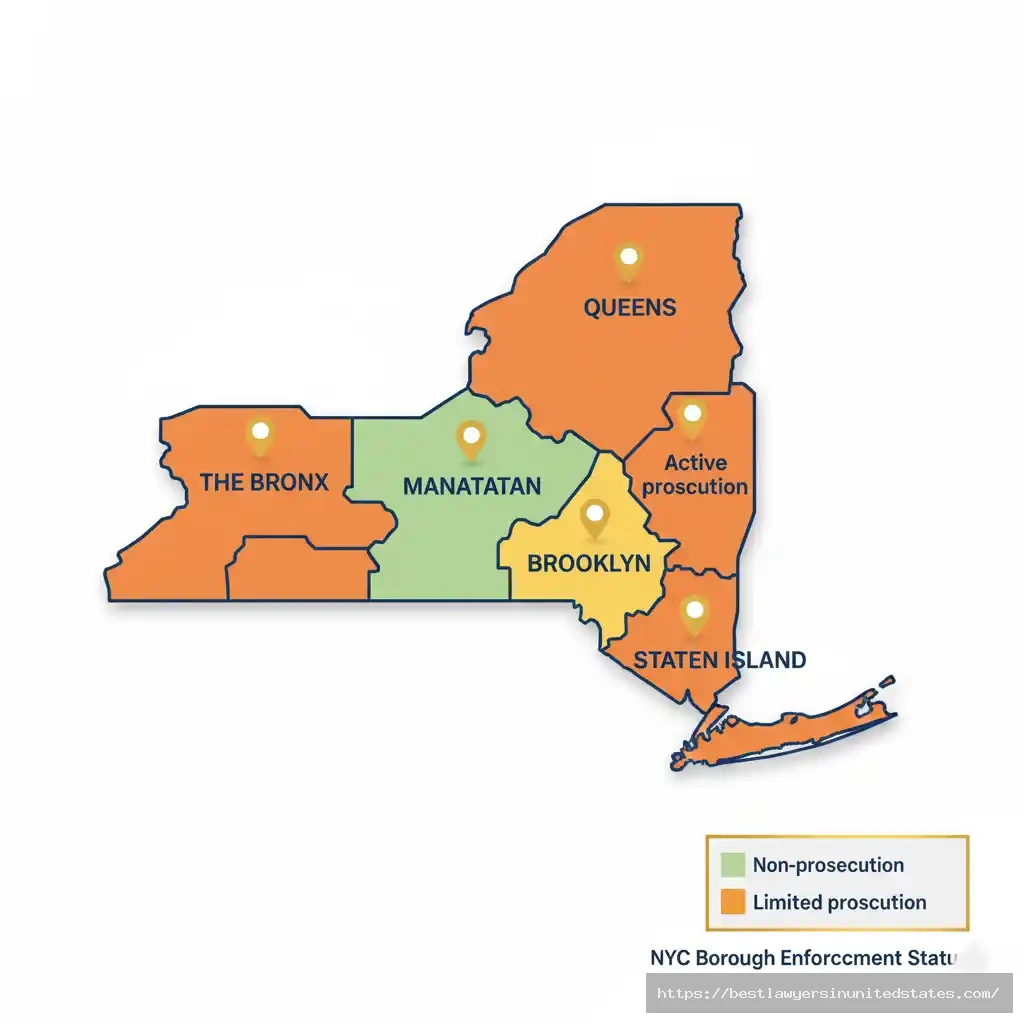 NYC borough map showing prostitution law enforcement variations across Manhattan, Brooklyn, Queens, Bronx, and Staten Island