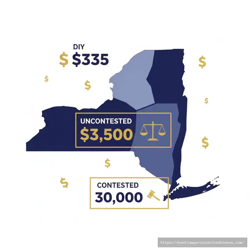 New York divorce cost breakdown showing $335 minimum DIY cost, $3,500 average uncontested divorce, and $30,000 contested divorce expenses in 2025