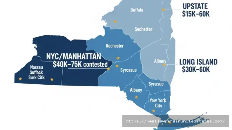 New York divorce cost map by county showing Manhattan highest at $40K-$75K contested, Long Island $30K-$60K, and upstate regions $15K-$35K average
