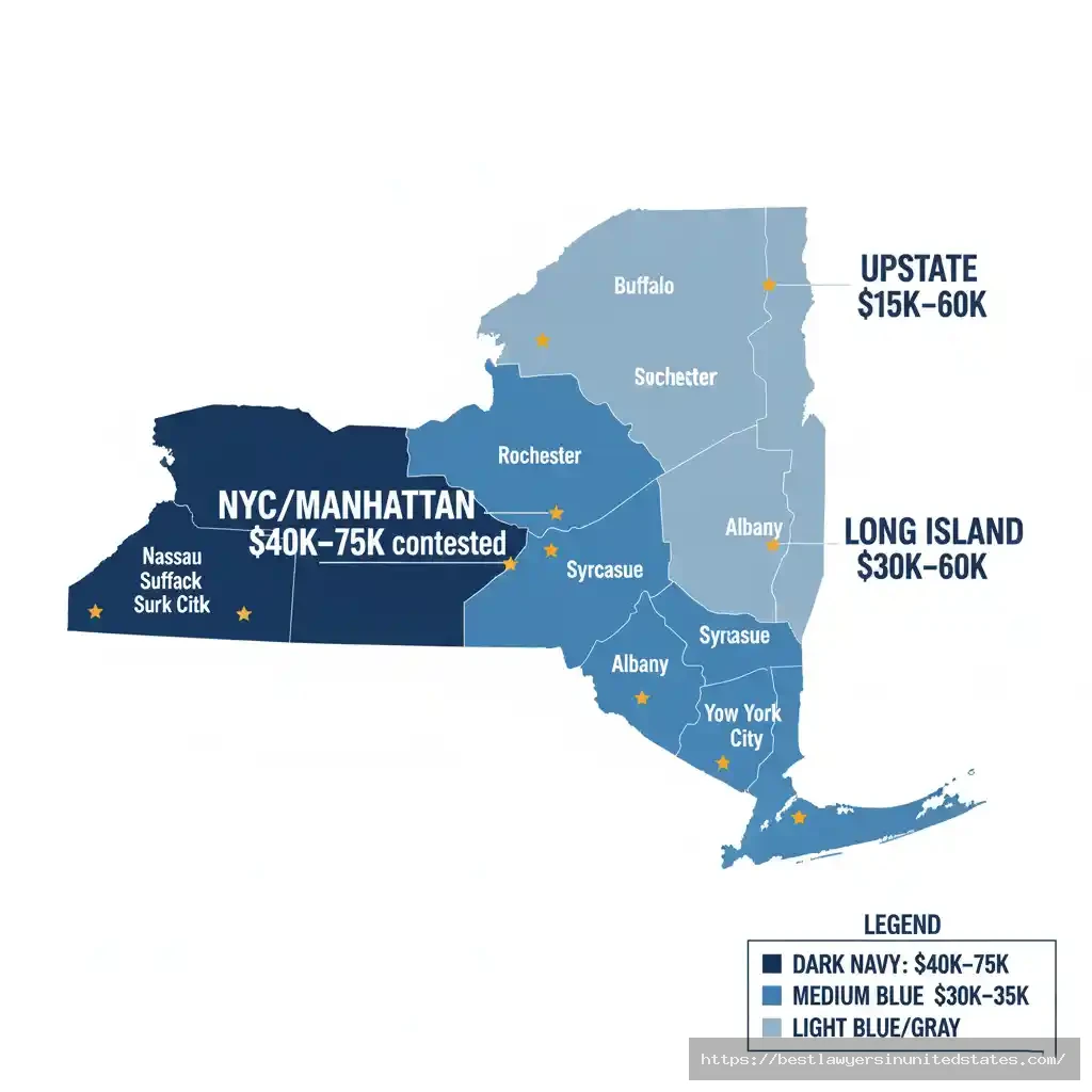 New York divorce cost map by county showing Manhattan highest at $40K-$75K contested, Long Island $30K-$60K, and upstate regions $15K-$35K average
