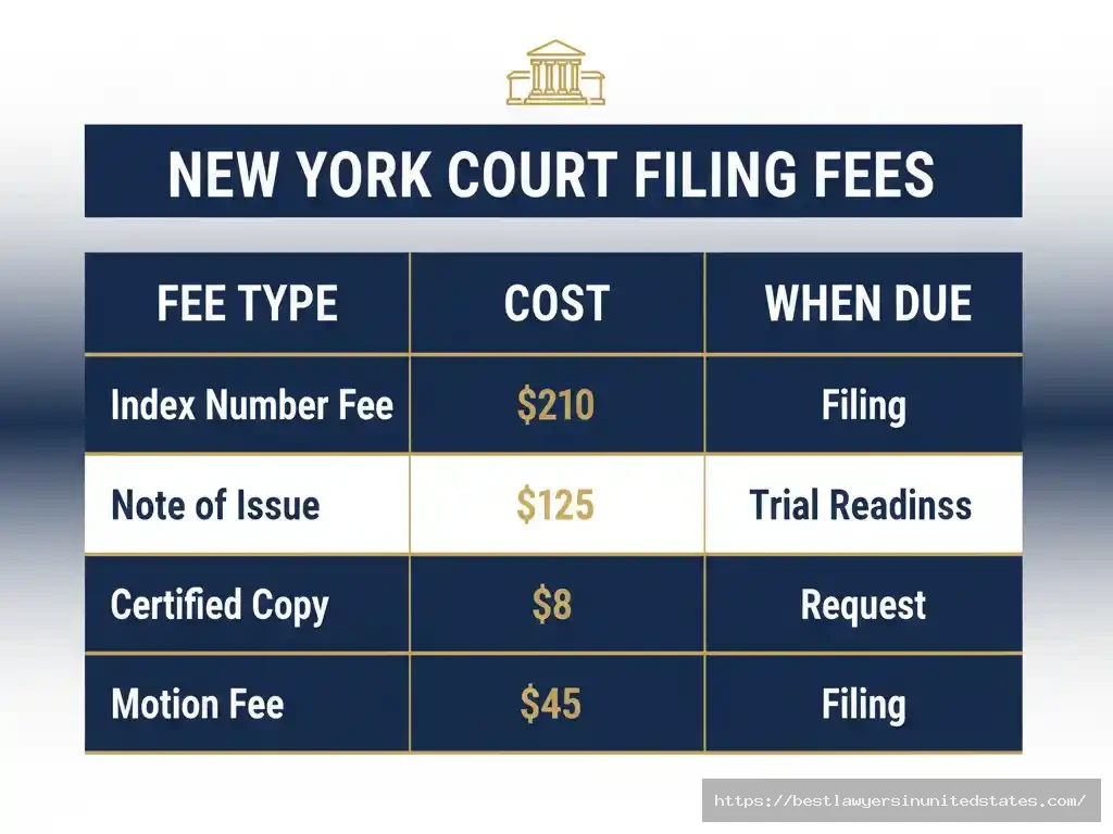 New York divorce court filing fees table showing mandatory costs including $210 index number fee and $125 note of issue fee totaling $335 minimum