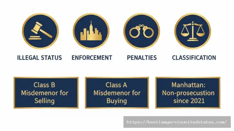 New York prostitution laws infographic showing legal status, penalties, and borough enforcement differences in 2025