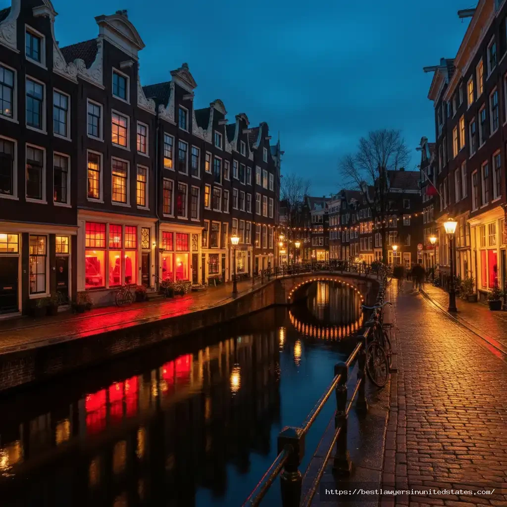 Night view of Amsterdam’s De Wallen red light district with glowing windows and canal reflections