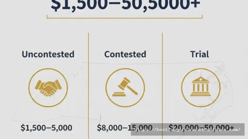 North Carolina divorce cost breakdown showing uncontested divorce costs $1,500-$5,000, contested $8,000-$15,000, and trial $20,000-$50,000+