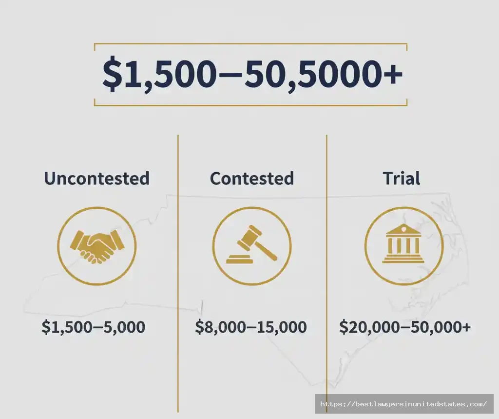 North Carolina divorce cost breakdown showing uncontested divorce costs $1,500-$5,000, contested $8,000-$15,000, and trial $20,000-$50,000+