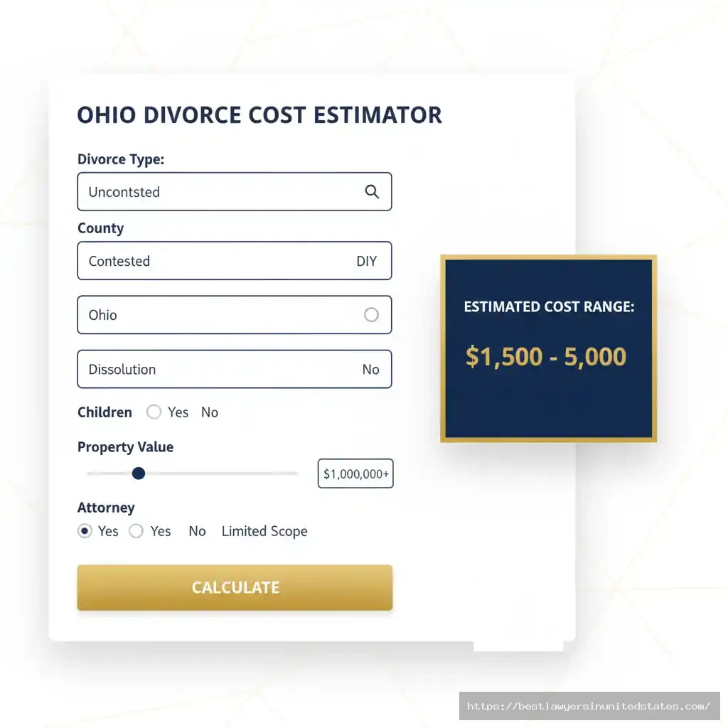Ohio divorce cost calculator interface showing input fields for divorce type, county location and other factors