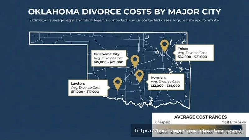 Oklahoma divorce cost map showing filing fees and attorney rates by county including Oklahoma City, Tulsa, Norman and Lawton