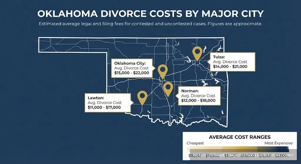 Oklahoma divorce cost map showing filing fees and attorney rates by county including Oklahoma City, Tulsa, Norman and Lawton