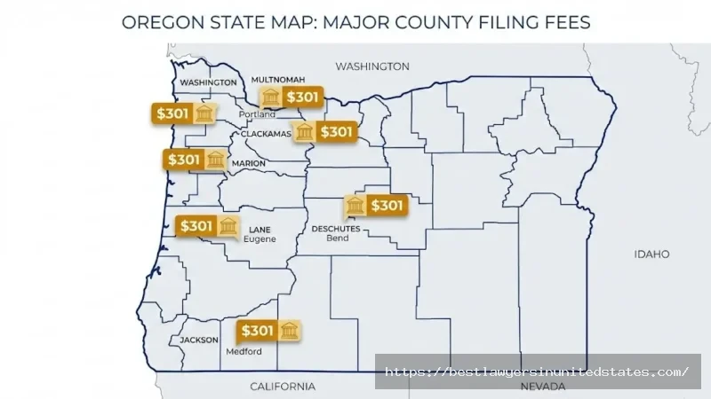 Oregon county map showing divorce filing fees of $301 across Multnomah, Clackamas, Washington, and other major counties