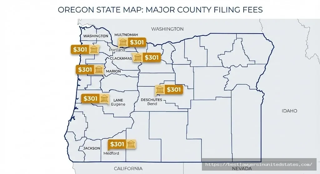 Oregon county map showing divorce filing fees of $301 across Multnomah, Clackamas, Washington, and other major counties