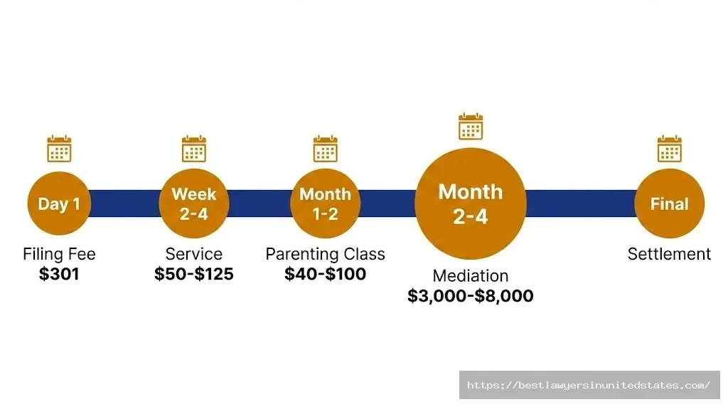 Oregon divorce cost timeline showing when expenses occur from filing day through final settlement over 12-18 months