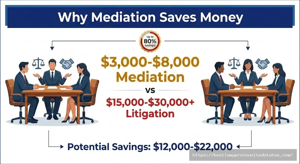 Oregon divorce mediation cost savings infographic showing $12,000-$22,000 potential savings compared to litigation