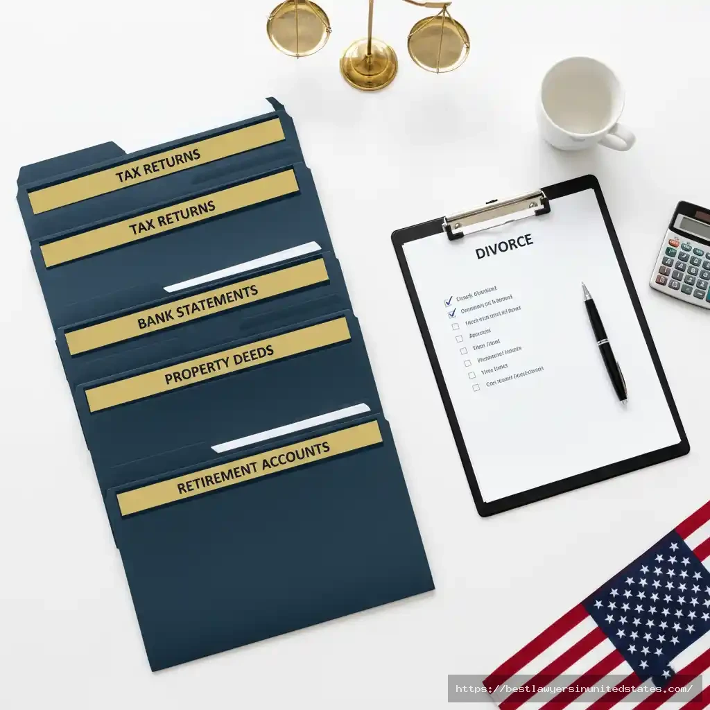 Organized divorce financial documents including tax returns, bank statements, and property deeds on desk with checklist