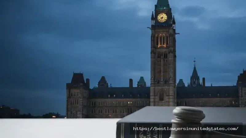 Parliament Hill at dusk with subtle legal elements, header image for 2025 Canada prostitution law guide.