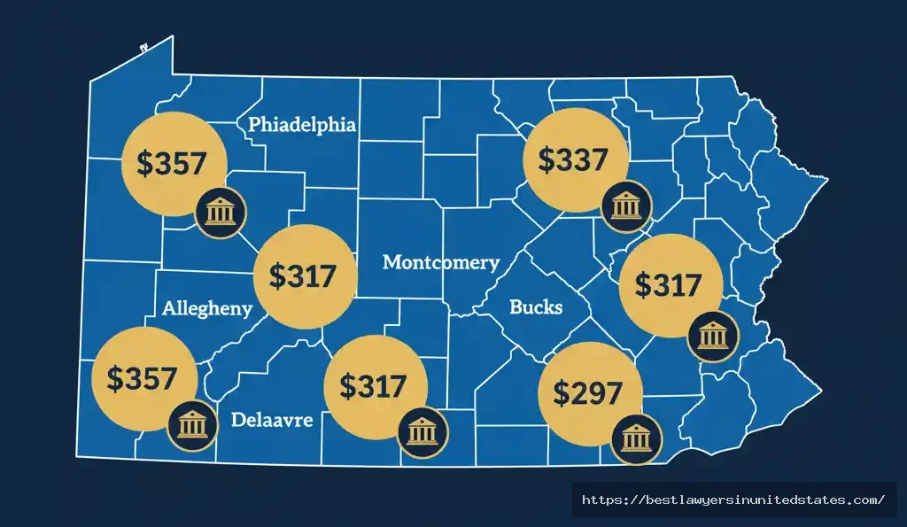 Pennsylvania county divorce filing fees map showing costs by region from Philadelphia to Pittsburgh in 2025