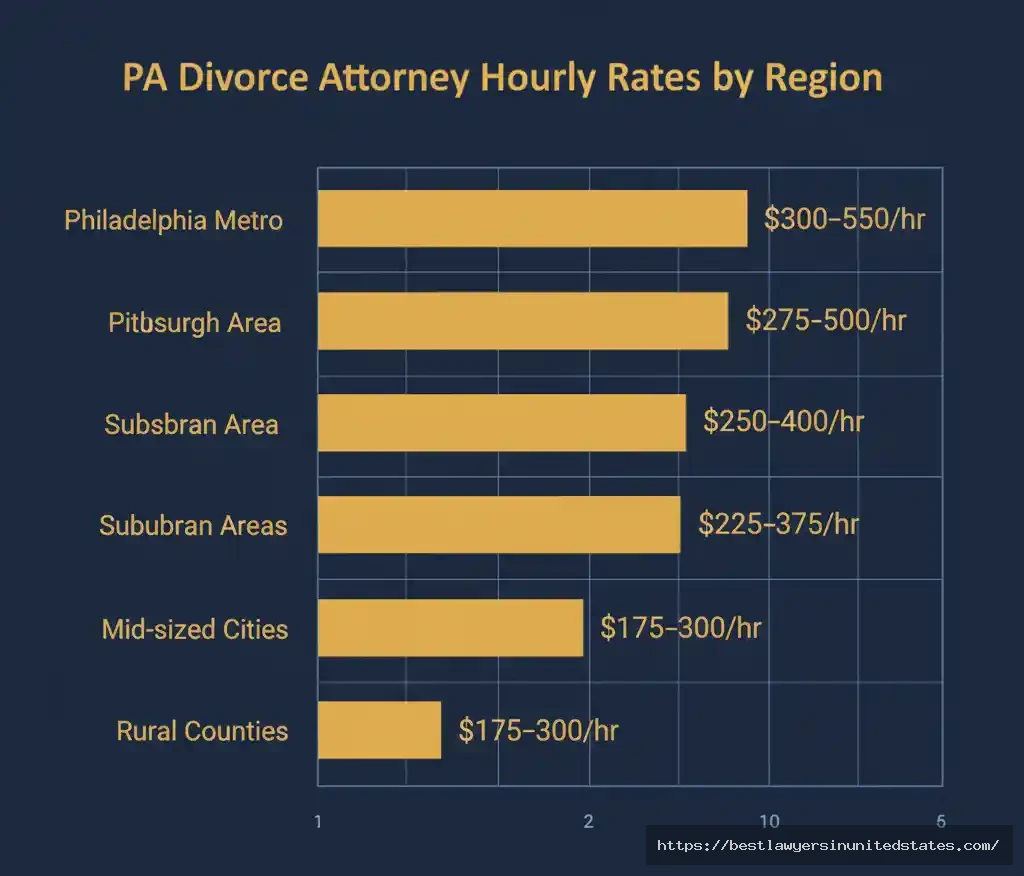Pennsylvania divorce attorney hourly rate comparison chart showing costs from Philadelphia to rural counties