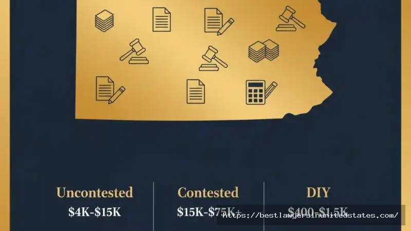 Pennsylvania divorce cost breakdown infographic showing uncontested, contested, and DIY divorce price ranges in 2025